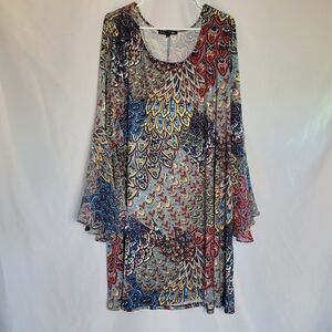 Always Indigo Multi Color Print Long Bell Sleeve Dress Women's Size 3X